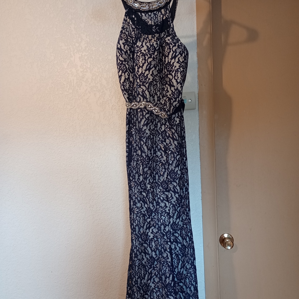 Sequin Hearts Navy and White Lace Prom Dress